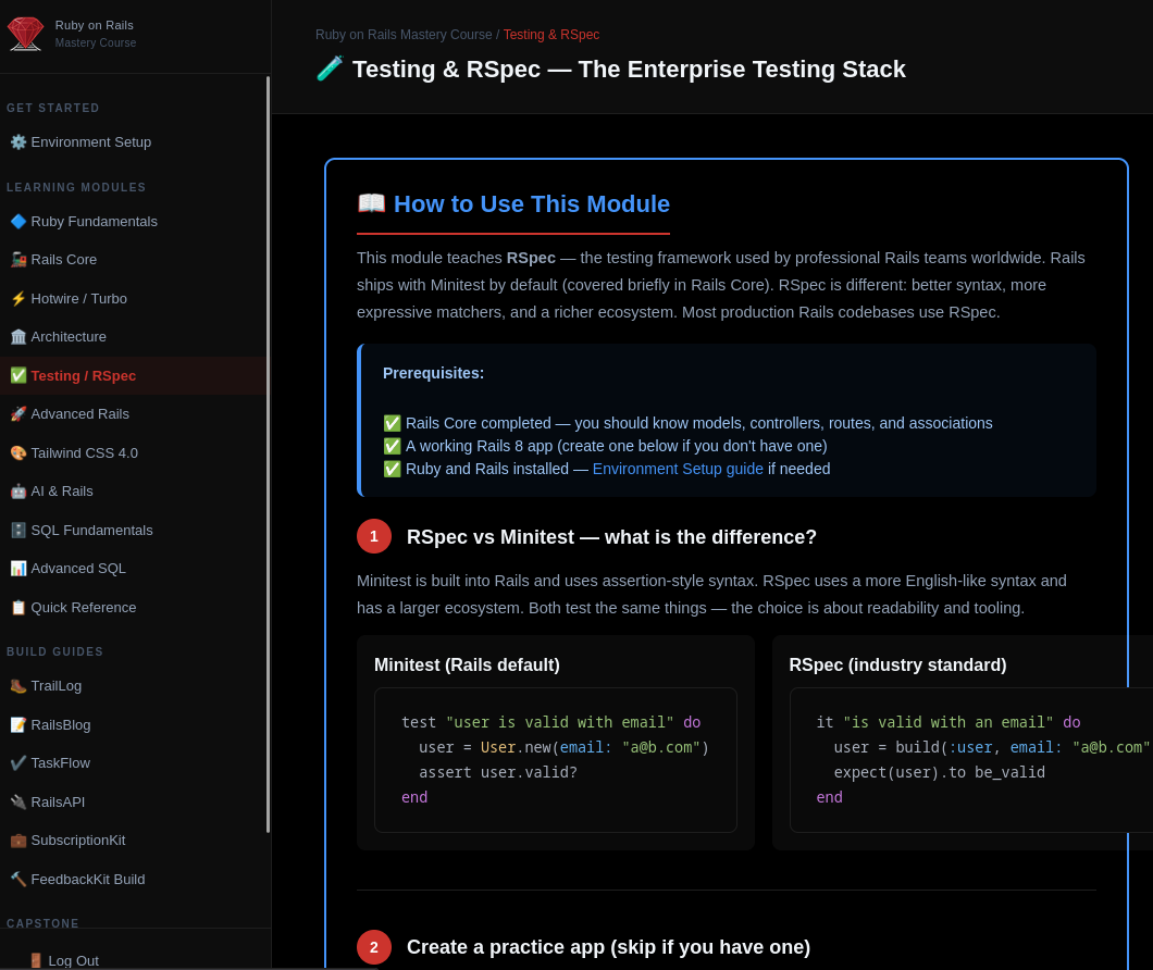 Testing with RSpec module showing the How to Use This Module intro section with RSpec versus Minitest comparison, Prerequisites callout, and Step 1 — Create a practice app — with rails new and rails generate scaffold commands plus bundle exec rspec to confirm the test suite runs